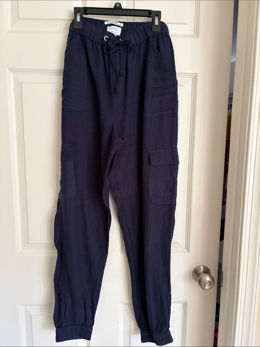 Nicole Miller Women’s Navy Linen Cargo Jogger Pants - EUC Size L!